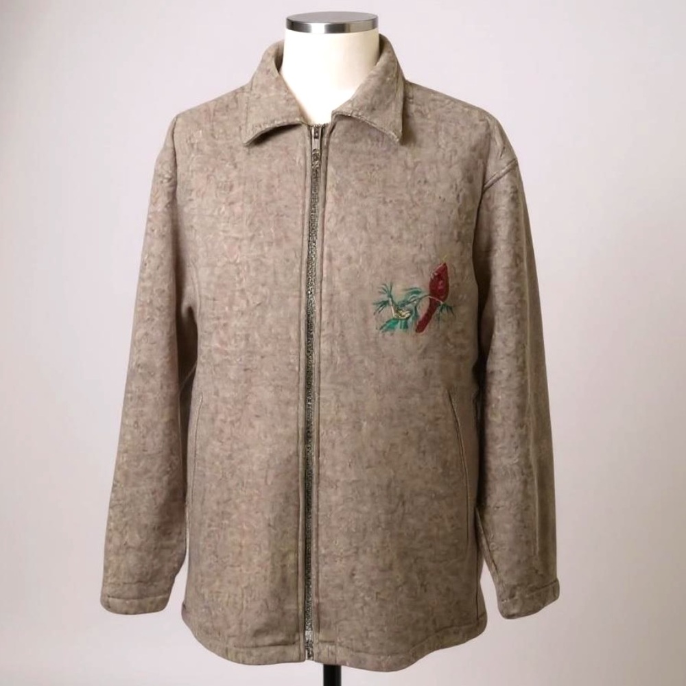 Scandia Woods Gray/Tan Zip Front Fleece Jacket Embroidered Cardinal M/L